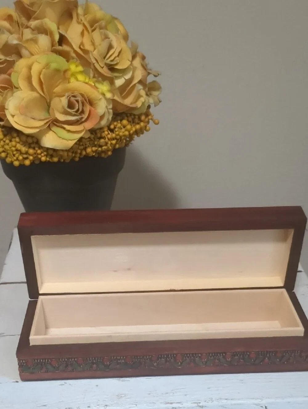 Pyrography Vintage Hand-Painted Floral Wooden Box